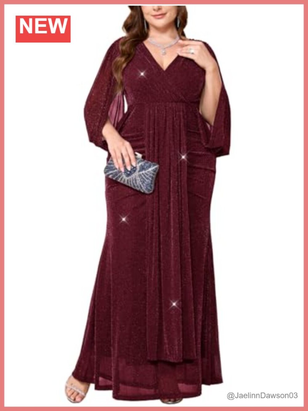 Plus Size Sparkly Formal Maxi Dress V Neck Cape Sleeve Mermaid Evening Gown
